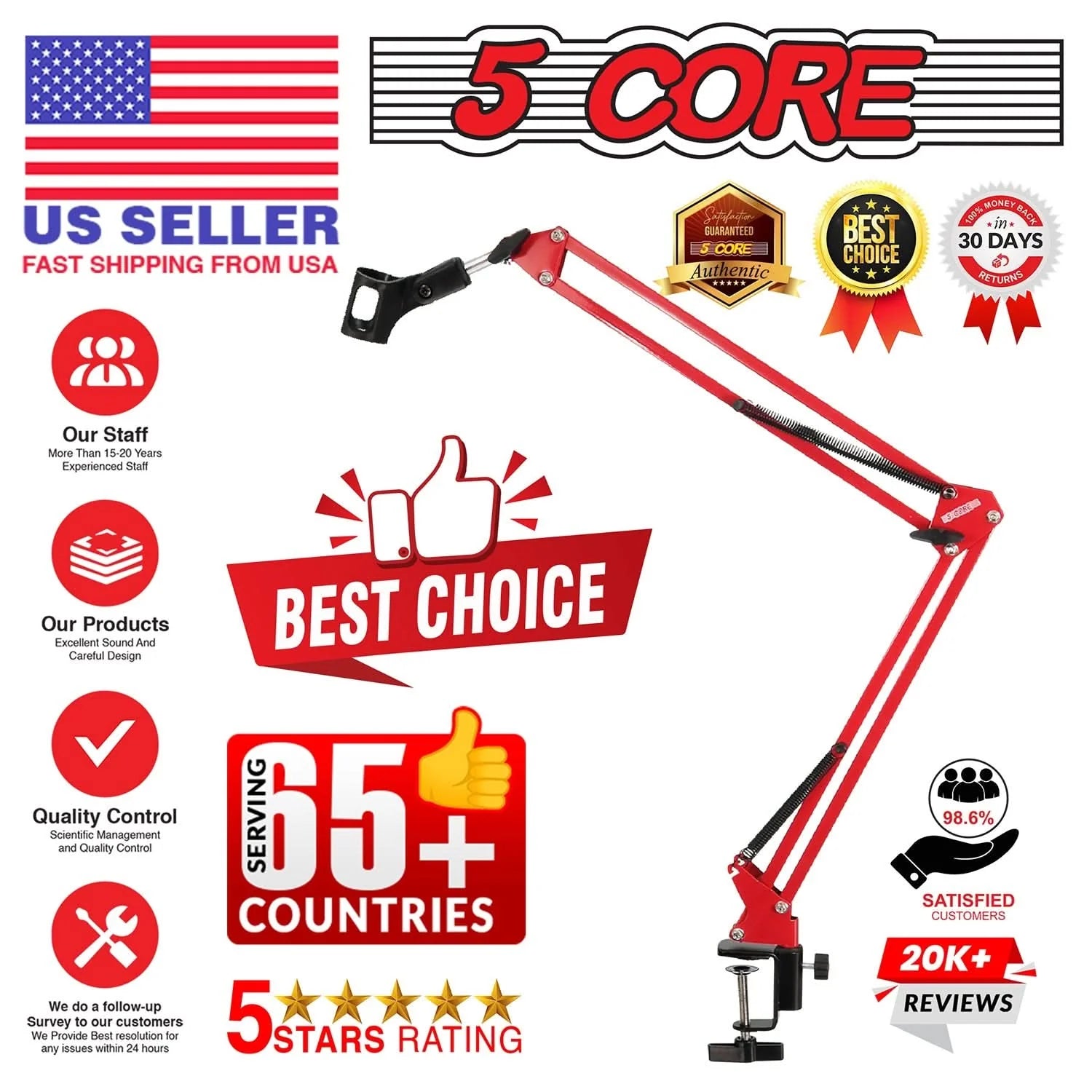 5Core Microphone Boom Arm Desk Mic Stand Adjustable Clamp Suspension Boom Stands RED